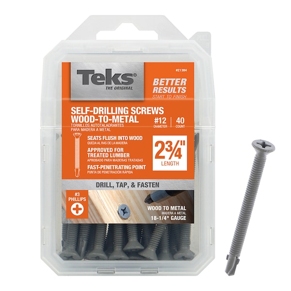 Itw Self-Drilling Screw, #12, 2-3/4 in, Flat Head Phillips Drive, 40 PK 21384 - main